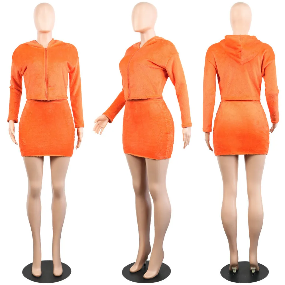 Solid Color Zipper Hooded Cropped Teddy Coat with Short Skirt Two Pieces Set