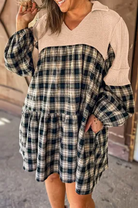 Stylish Plus Size Plaid Mini Dress with Puff Sleeves
