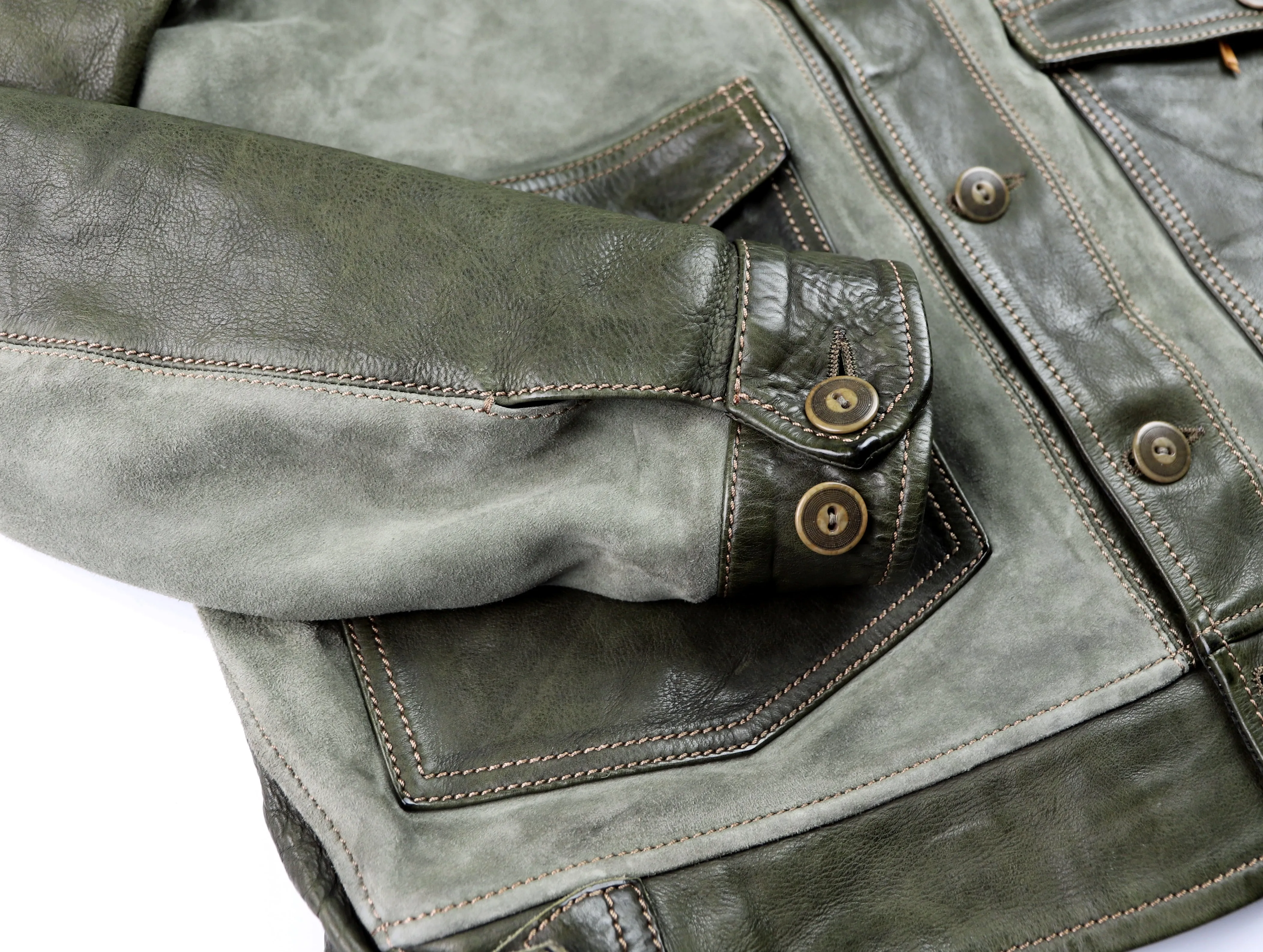 Thedi Niko Button-Up Jacket, size XXL, Green Goat Suede and Cowhide