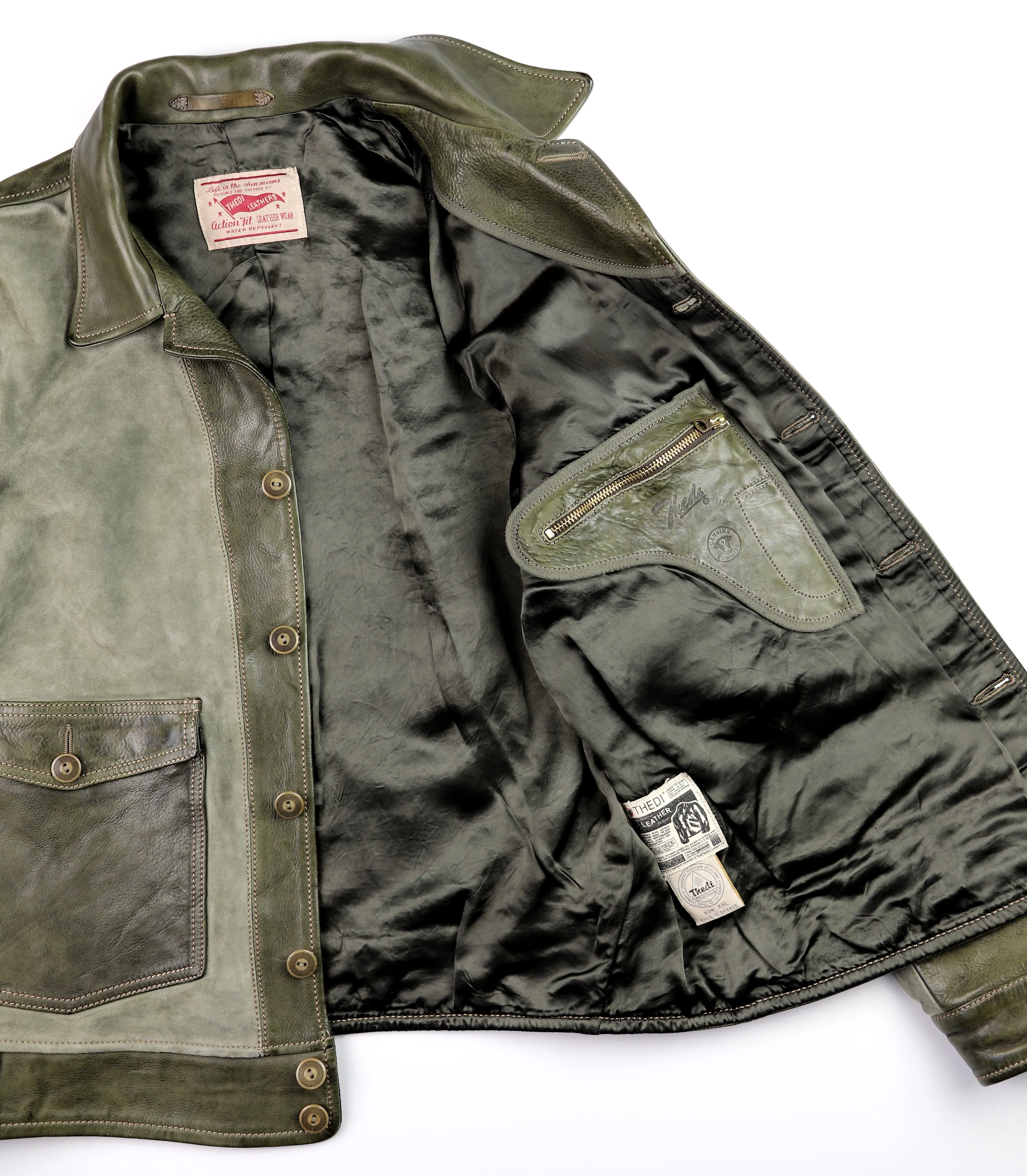 Thedi Niko Button-Up Jacket, size XXL, Green Goat Suede and Cowhide