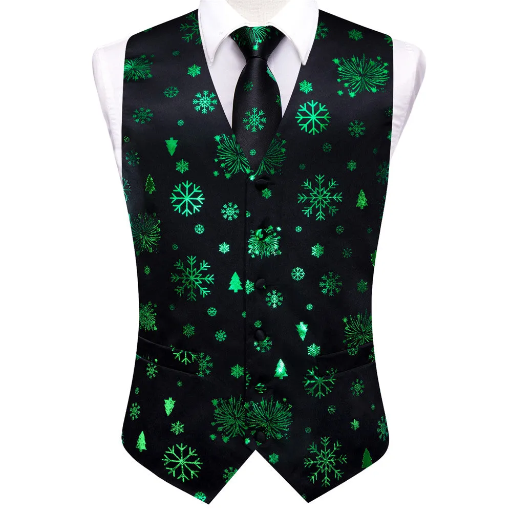 Ties2you Men's Vest Black Green Christmas Elements Silk Vest Necktie Bow Tie Handkerchief Cufflinks Set