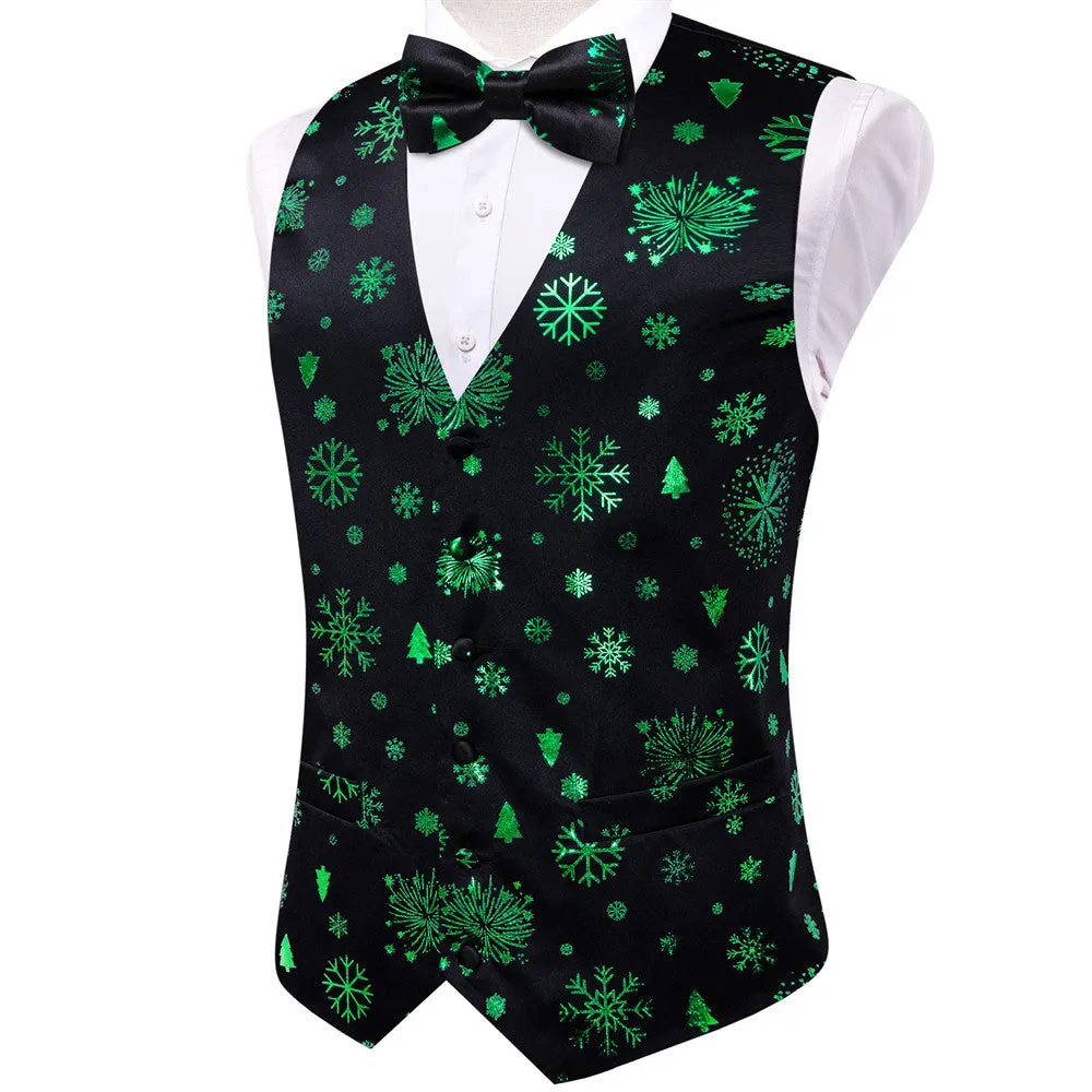 Ties2you Men's Vest Black Green Christmas Elements Silk Vest Necktie Bow Tie Handkerchief Cufflinks Set