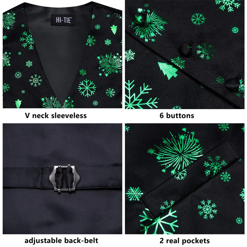 Ties2you Men's Vest Black Green Christmas Elements Silk Vest Necktie Bow Tie Handkerchief Cufflinks Set
