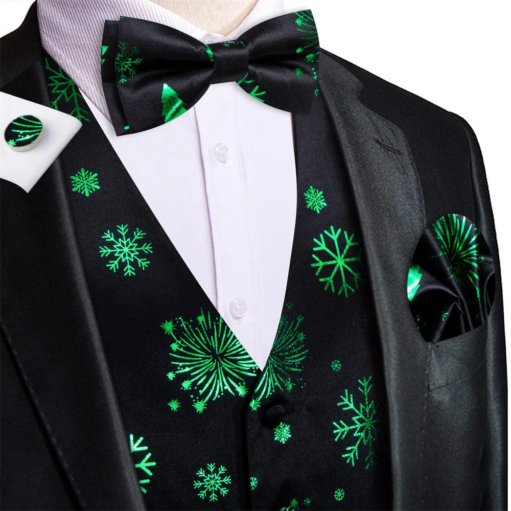 Ties2you Men's Vest Black Green Christmas Elements Silk Vest Necktie Bow Tie Handkerchief Cufflinks Set