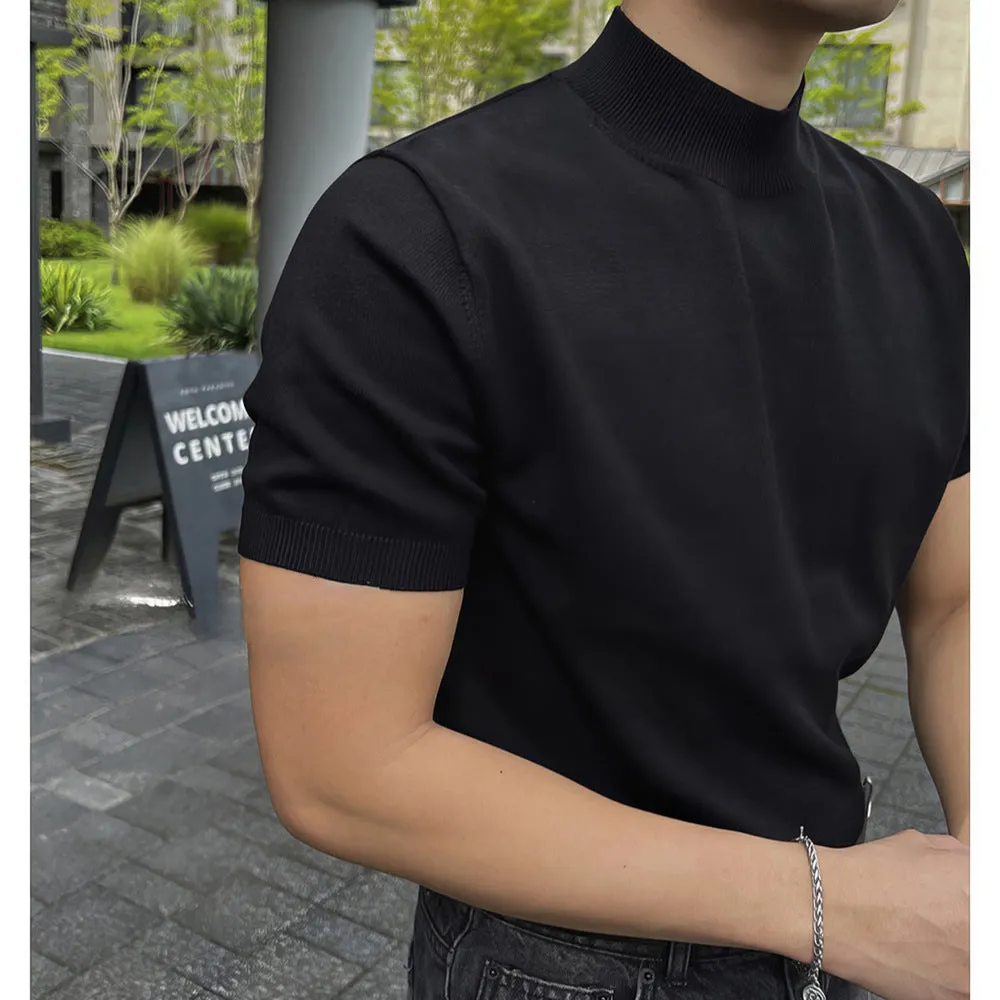 Voguable black men fashion urban Black Half Turtleneck Pullover Knitted T-shirt Men's American-Style Men's Short-Sleeved Sweater Trendy Slim Bottoming Half-Sleeved Shirt