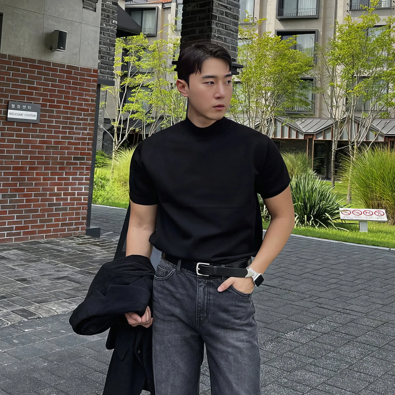 Voguable black men fashion urban Black Half Turtleneck Pullover Knitted T-shirt Men's American-Style Men's Short-Sleeved Sweater Trendy Slim Bottoming Half-Sleeved Shirt