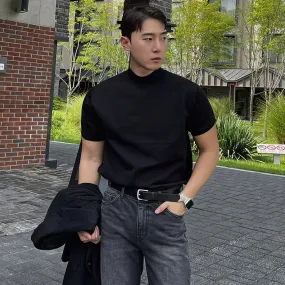 Voguable black men fashion urban Black Half Turtleneck Pullover Knitted T-shirt Men's American-Style Men's Short-Sleeved Sweater Trendy Slim Bottoming Half-Sleeved Shirt