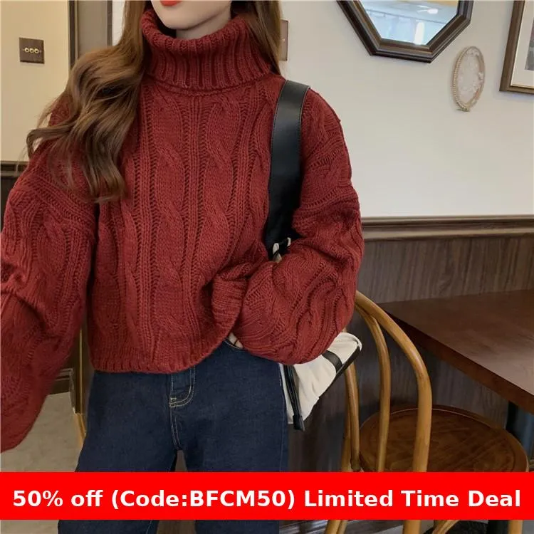 Wenkouban carhartt vest outfit winter outfits chill guy Autumn New Korean Style Lazy Style Solid Color Loose Thick Short Turtleneck Sweater Women's Thickened Knitted Top