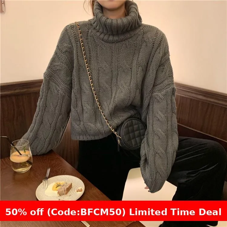 Wenkouban carhartt vest outfit winter outfits chill guy Autumn New Korean Style Lazy Style Solid Color Loose Thick Short Turtleneck Sweater Women's Thickened Knitted Top