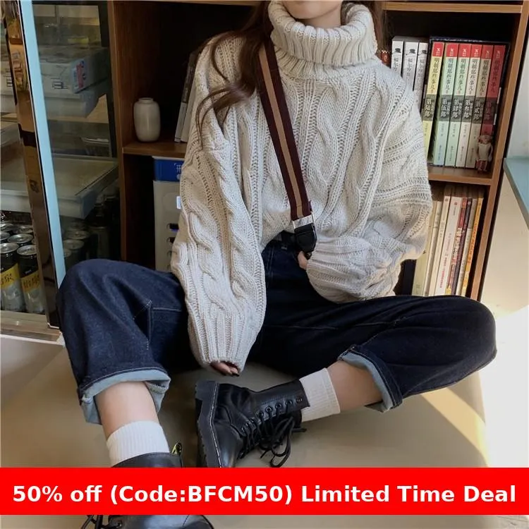 Wenkouban carhartt vest outfit winter outfits chill guy Autumn New Korean Style Lazy Style Solid Color Loose Thick Short Turtleneck Sweater Women's Thickened Knitted Top
