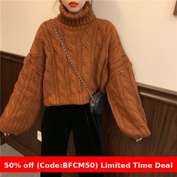 Wenkouban carhartt vest outfit winter outfits chill guy Autumn New Korean Style Lazy Style Solid Color Loose Thick Short Turtleneck Sweater Women's Thickened Knitted Top