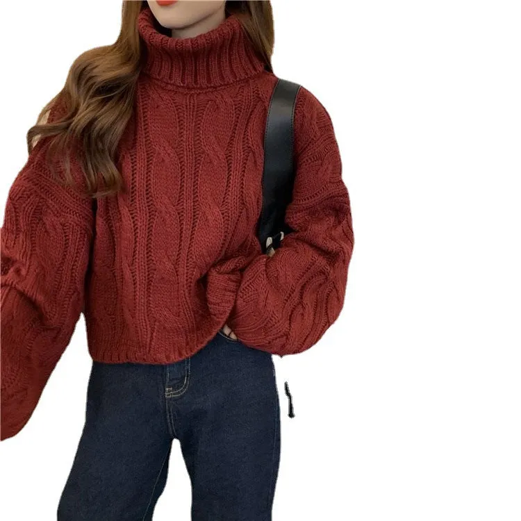 Wenkouban carhartt vest outfit winter outfits chill guy Autumn New Korean Style Lazy Style Solid Color Loose Thick Short Turtleneck Sweater Women's Thickened Knitted Top