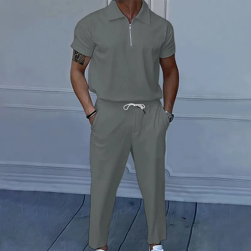 Wiaofellas  -  Fashion Solid Color Corduroy Outfits Mens Casual Two Piece Suits Short Sleeve Polo Shirts And Pants Men Sets Summer Streetwear