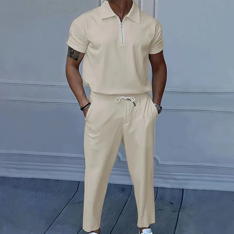 Wiaofellas  -  Fashion Solid Color Corduroy Outfits Mens Casual Two Piece Suits Short Sleeve Polo Shirts And Pants Men Sets Summer Streetwear