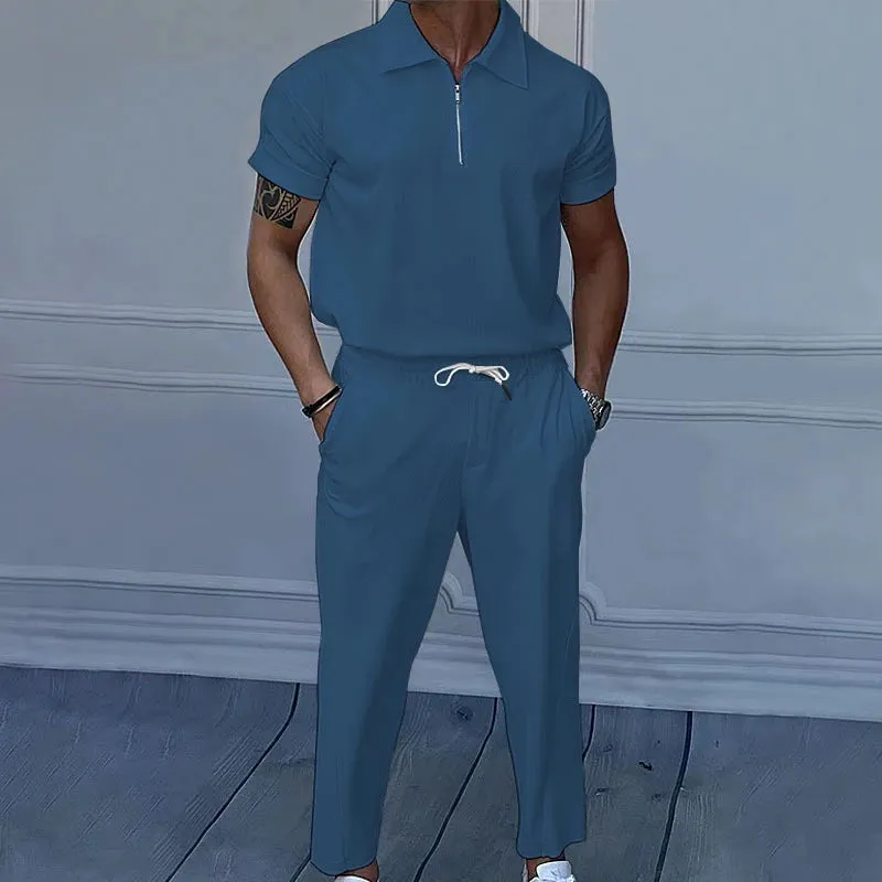 Wiaofellas  -  Fashion Solid Color Corduroy Outfits Mens Casual Two Piece Suits Short Sleeve Polo Shirts And Pants Men Sets Summer Streetwear