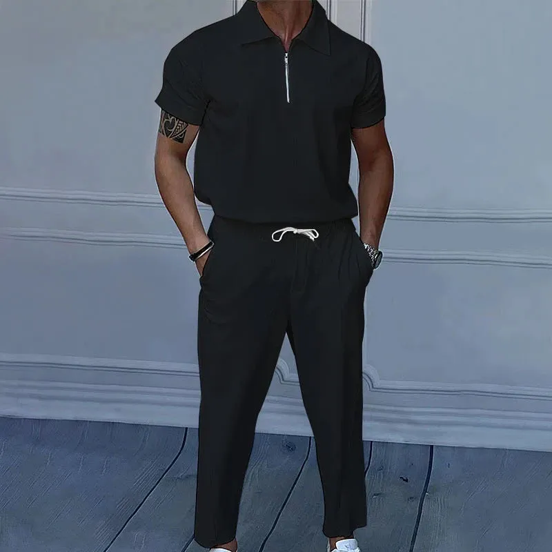 Wiaofellas  -  Fashion Solid Color Corduroy Outfits Mens Casual Two Piece Suits Short Sleeve Polo Shirts And Pants Men Sets Summer Streetwear