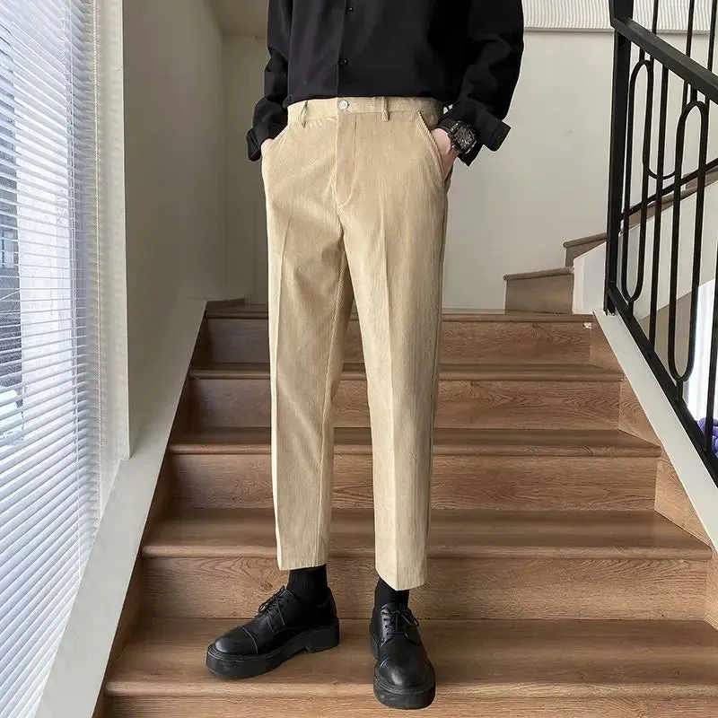 WIAOFELLAS -  Spring Autumn Men New Fashion Solid Color Corduroy Suit Pants Male Slim Fit Trousers Men Business Work Casual Pants H374