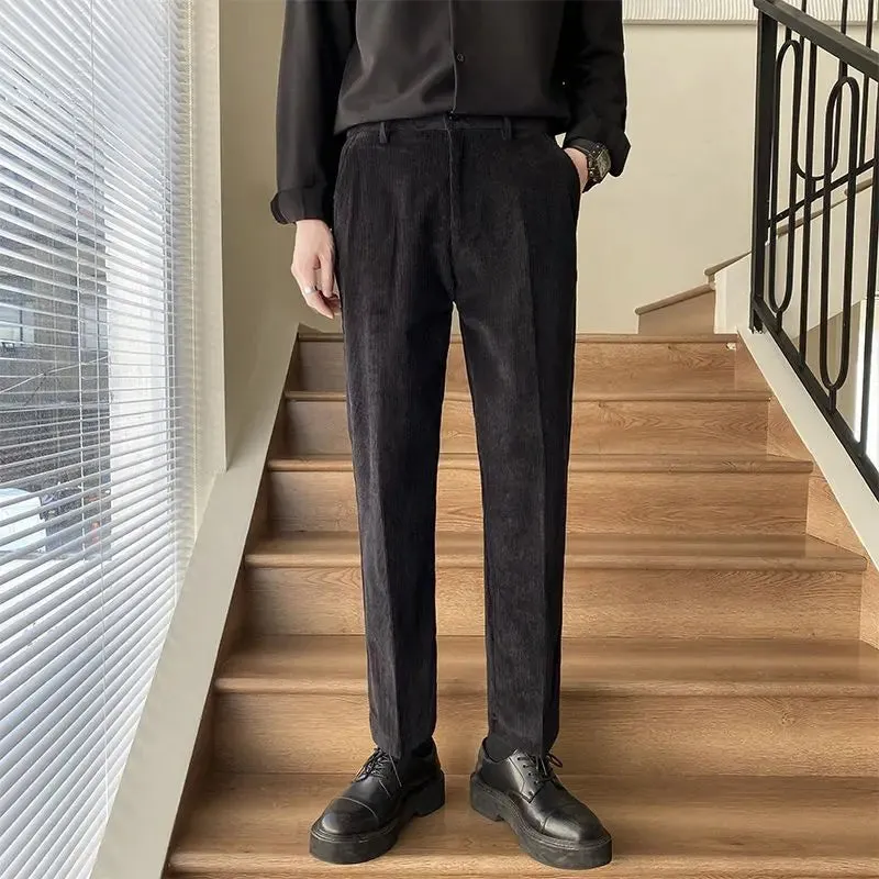 WIAOFELLAS -  Spring Autumn Men New Fashion Solid Color Corduroy Suit Pants Male Slim Fit Trousers Men Business Work Casual Pants H374