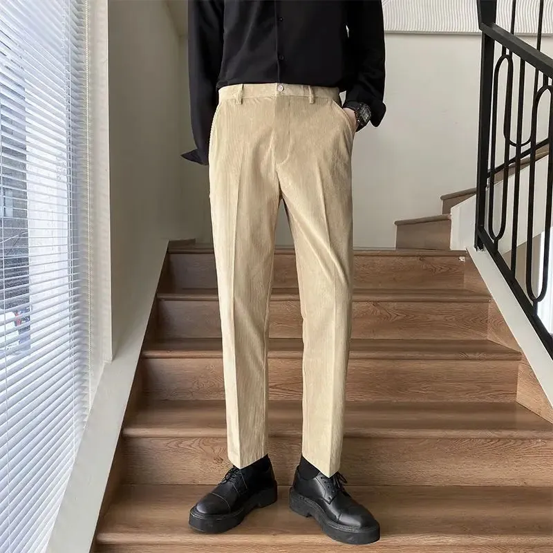 WIAOFELLAS -  Spring Autumn Men New Fashion Solid Color Corduroy Suit Pants Male Slim Fit Trousers Men Business Work Casual Pants H374