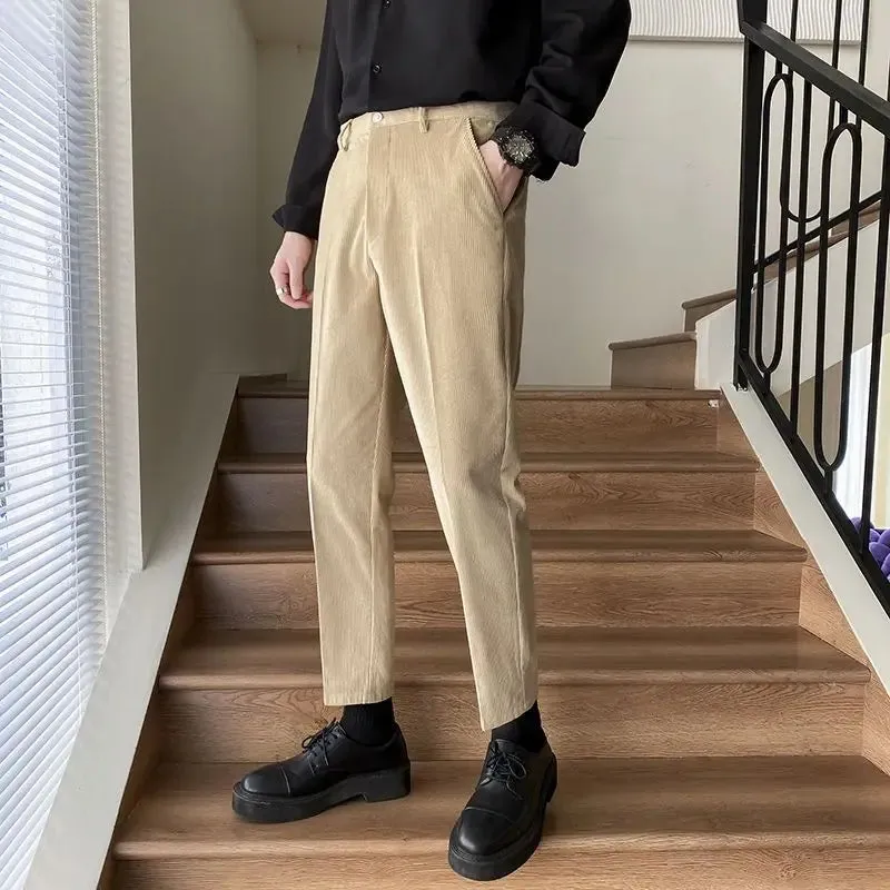 WIAOFELLAS -  Spring Autumn Men New Fashion Solid Color Corduroy Suit Pants Male Slim Fit Trousers Men Business Work Casual Pants H374
