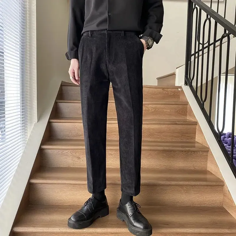 WIAOFELLAS -  Spring Autumn Men New Fashion Solid Color Corduroy Suit Pants Male Slim Fit Trousers Men Business Work Casual Pants H374