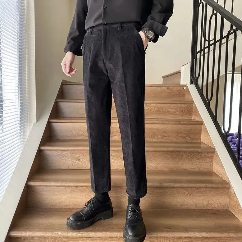 WIAOFELLAS -  Spring Autumn Men New Fashion Solid Color Corduroy Suit Pants Male Slim Fit Trousers Men Business Work Casual Pants H374