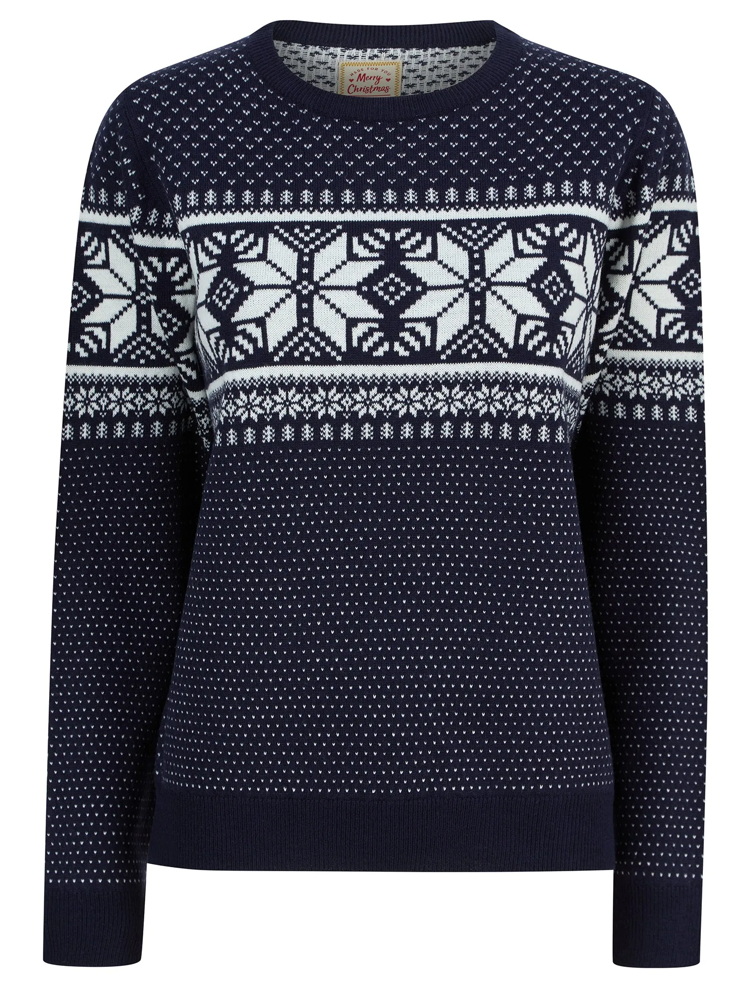 Women's Ice Crystal Jacquard Nordic Fairisle Novelty Christmas Jumper in Ink - Merry Christmas