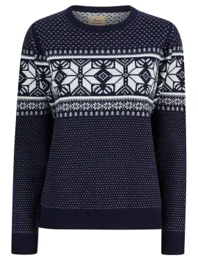 Women's Ice Crystal Jacquard Nordic Fairisle Novelty Christmas Jumper in Ink - Merry Christmas