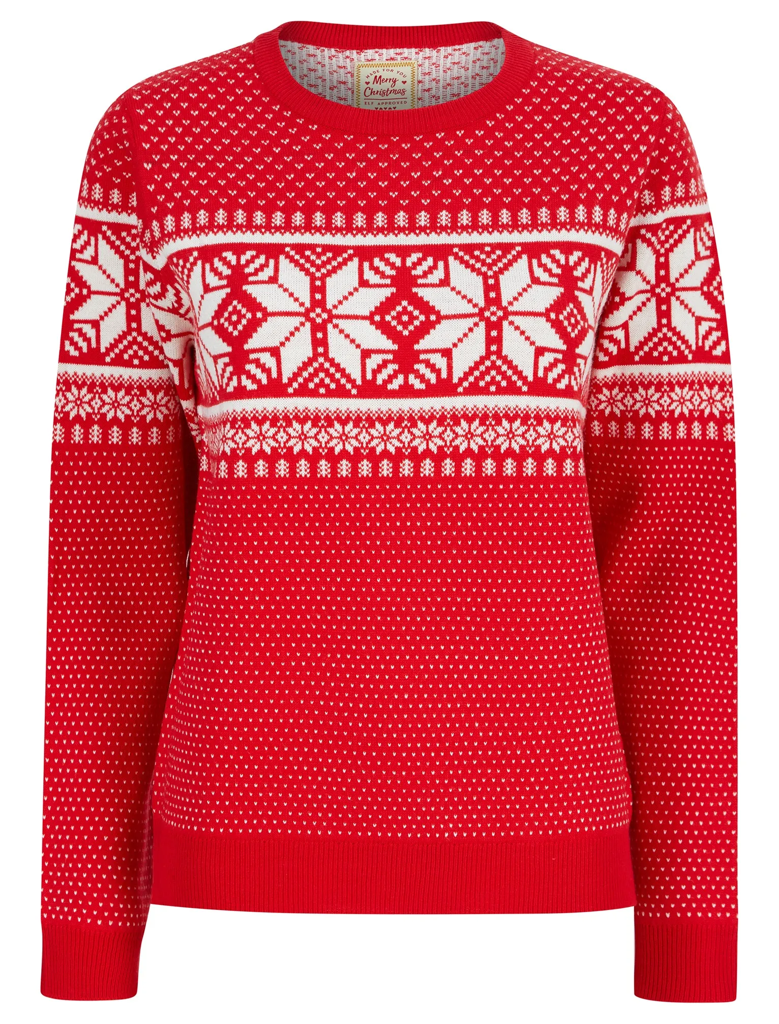 Women's Ice Crystal Jacquard Nordic Fairisle Novelty Christmas Jumper in Tokyo Red - Merry Christmas