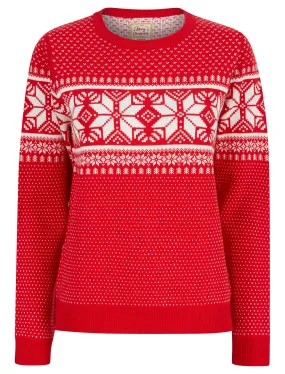 Women's Ice Crystal Jacquard Nordic Fairisle Novelty Christmas Jumper in Tokyo Red - Merry Christmas