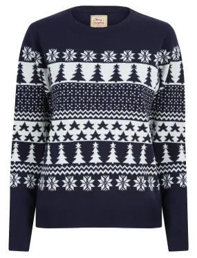 Women's Xmas Tree Jacquard Nordic Fairisle Novelty Christmas Jumper in Ink - Merry Christmas