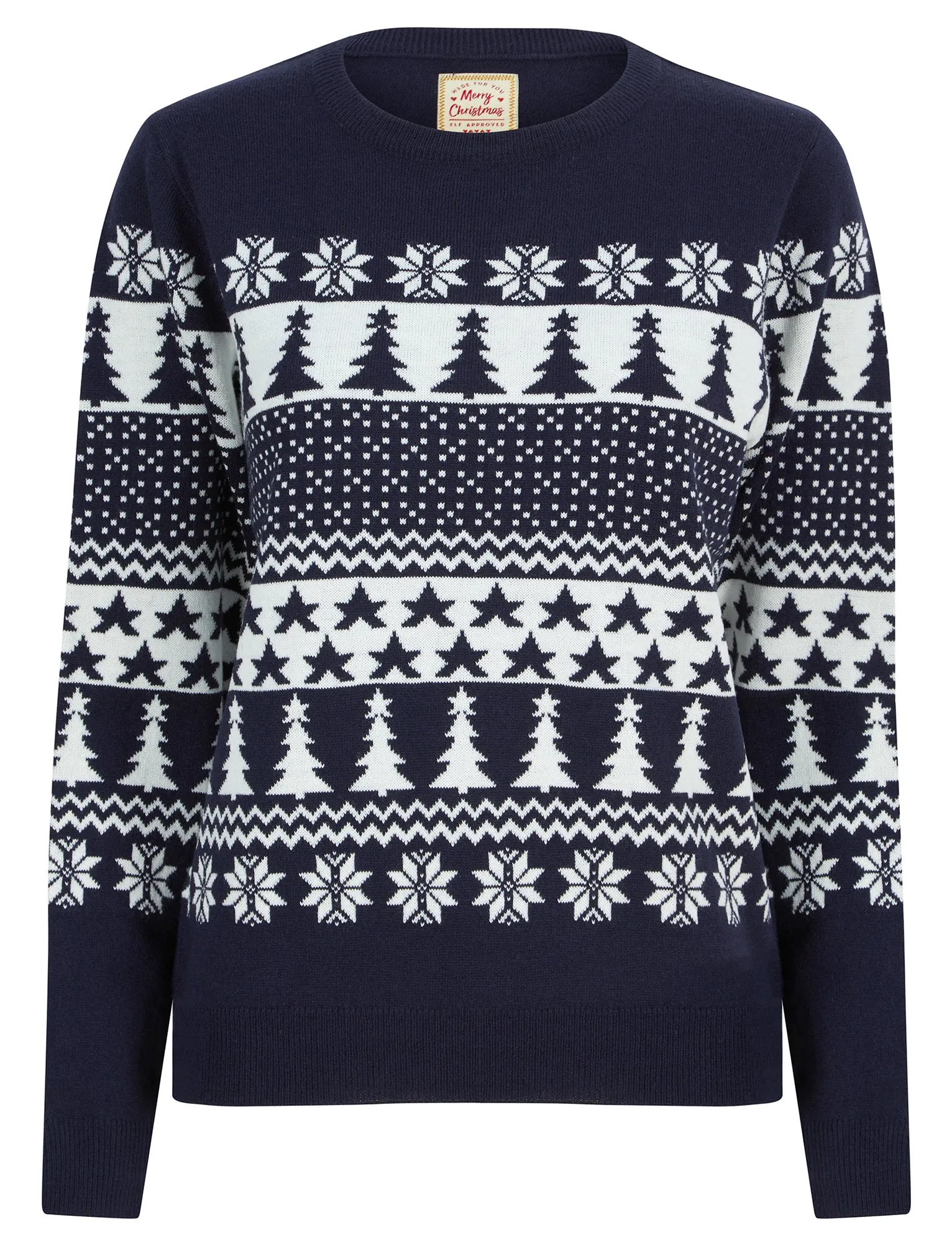 Women's Xmas Tree Jacquard Nordic Fairisle Novelty Christmas Jumper in Ink - Merry Christmas